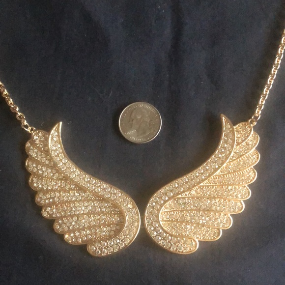 Angel Wings Gold Tone White Crystal Hinged Statement Necklace - Picture 7 of 7